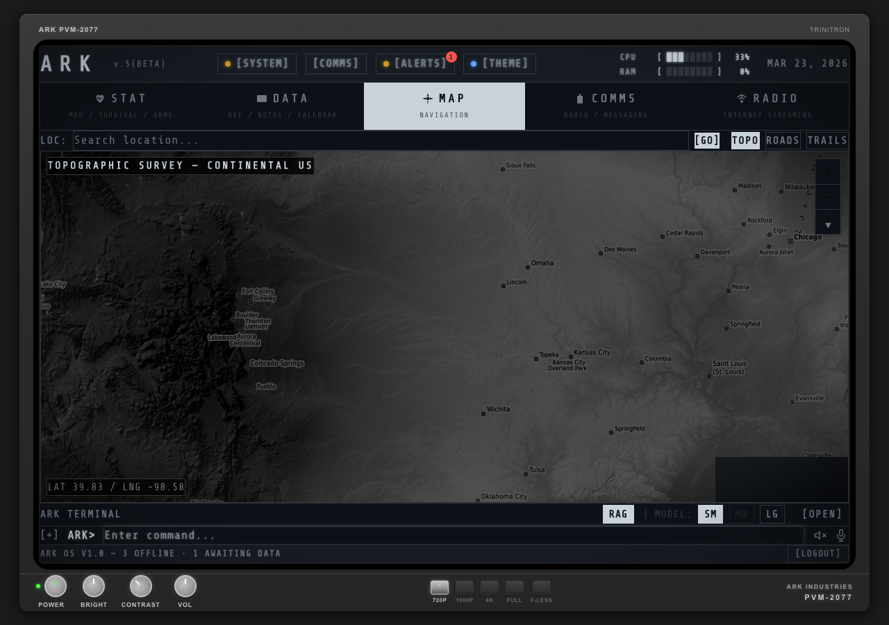 MAP tab — offline topographic maps