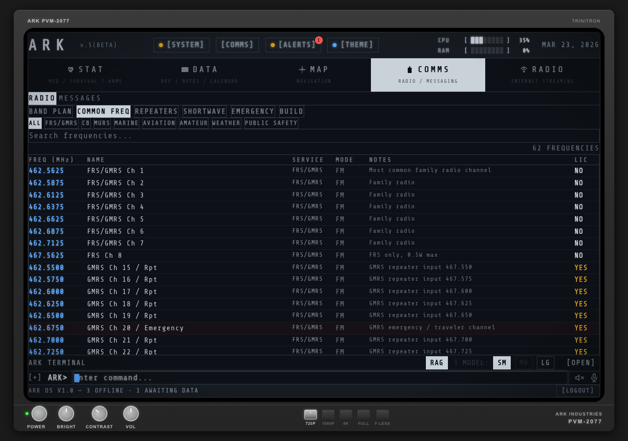 COMMS tab — radio frequencies, band plans, and encrypted messaging