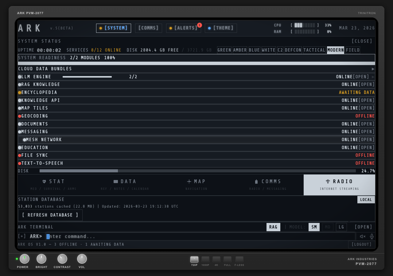 System panel — service health and theme selection