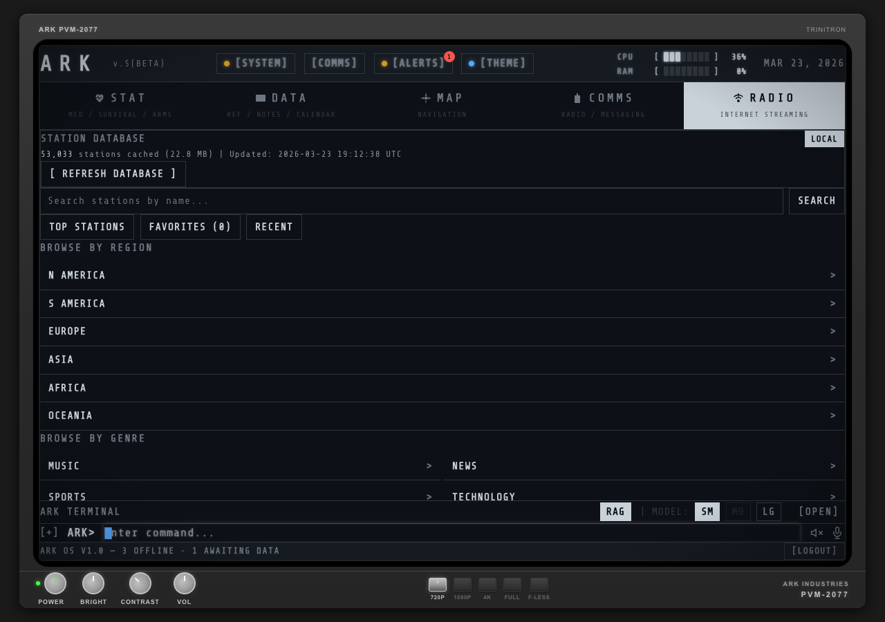 RADIO tab — internet streaming with 53,000+ stations