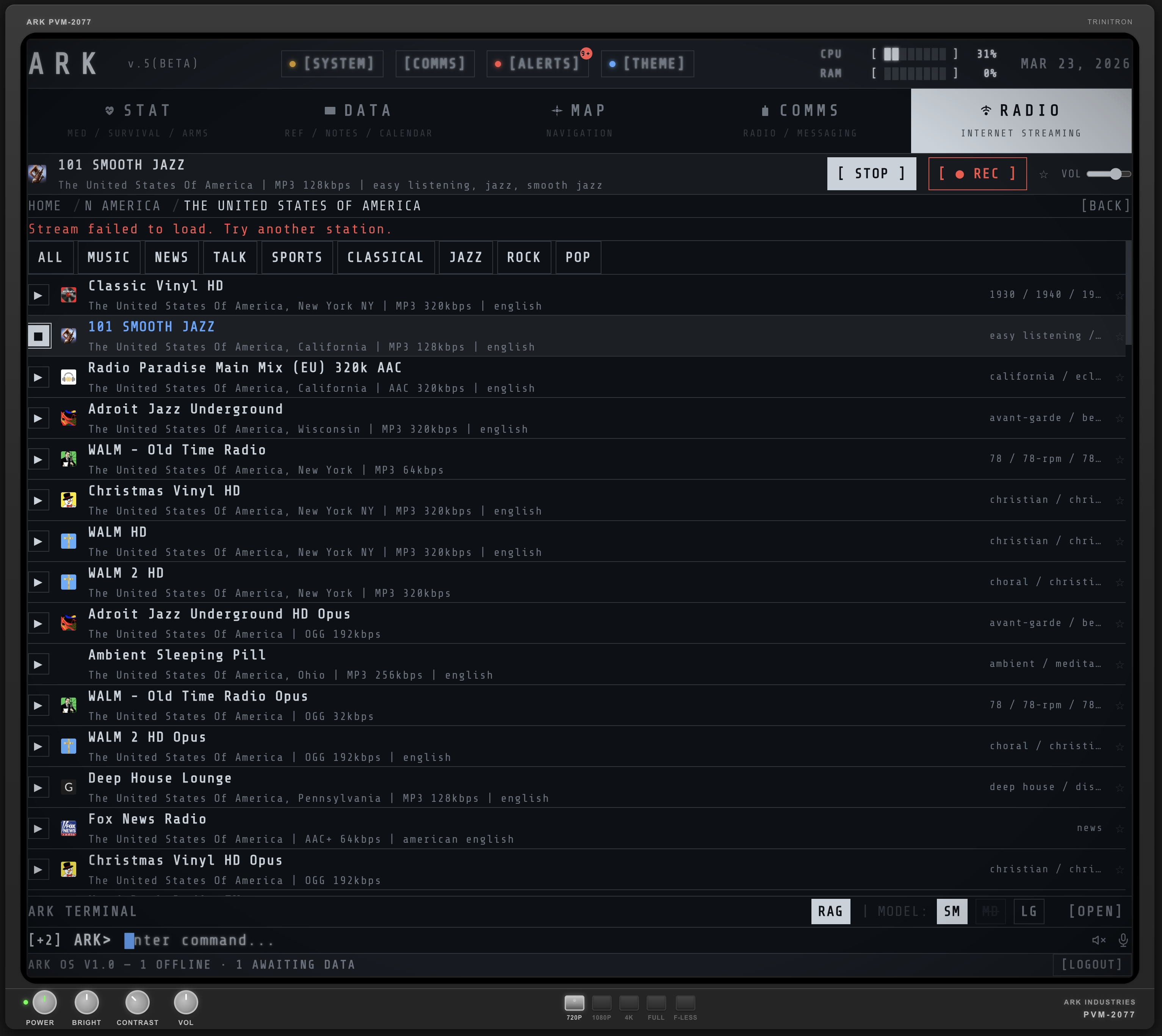 RADIO tab — station list with genre filters and playback