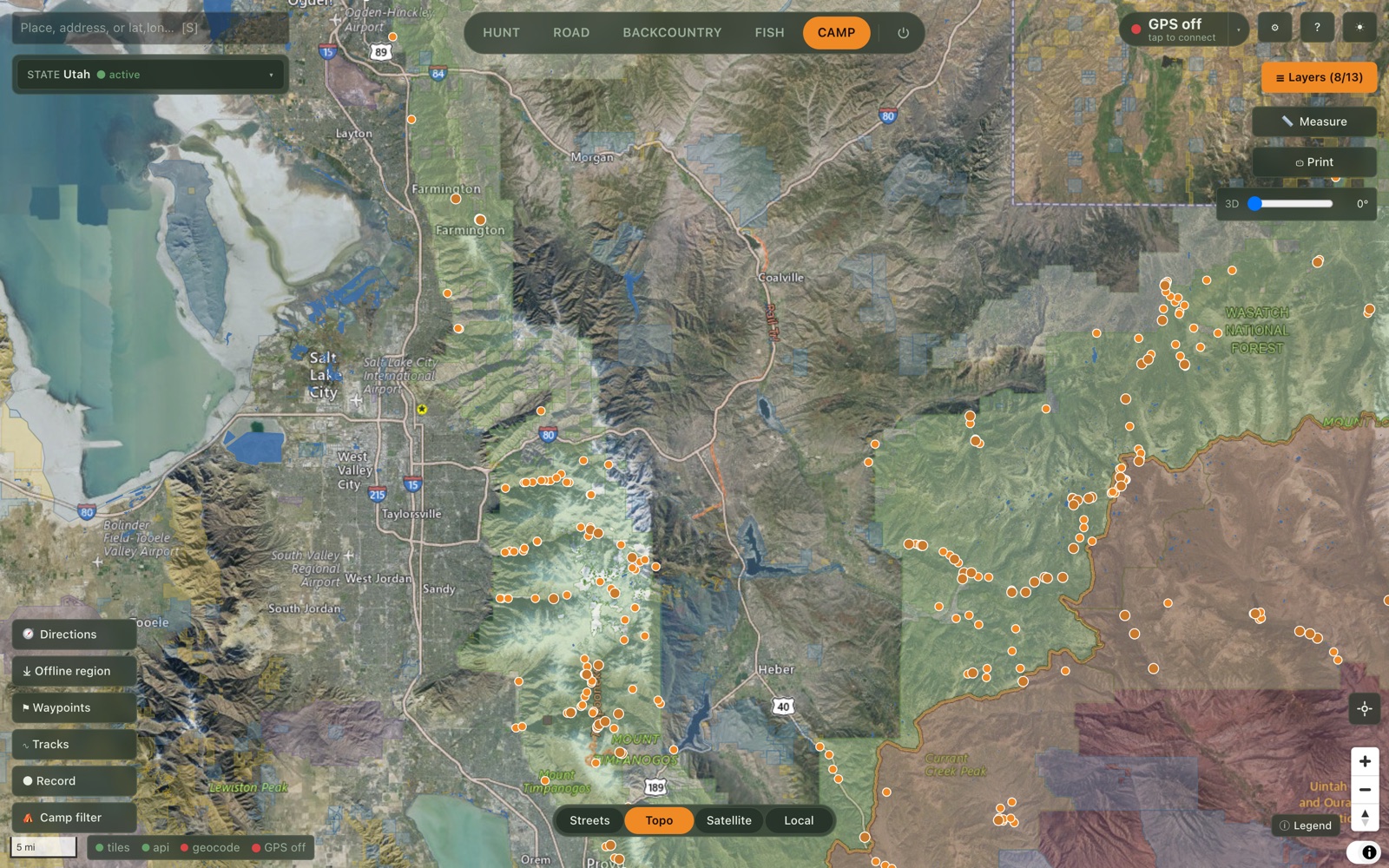 TerraScout in Camp mode — satellite imagery with public-land ownership shading and campground markers across Utah