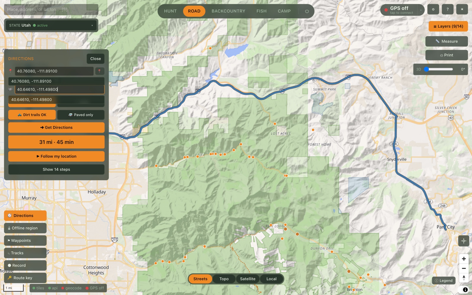 TerraScout Road mode on a streets basemap — a turn-by-turn driving route from Salt Lake City to Park City with the Dirt-trails-OK vs Paved-only toggle