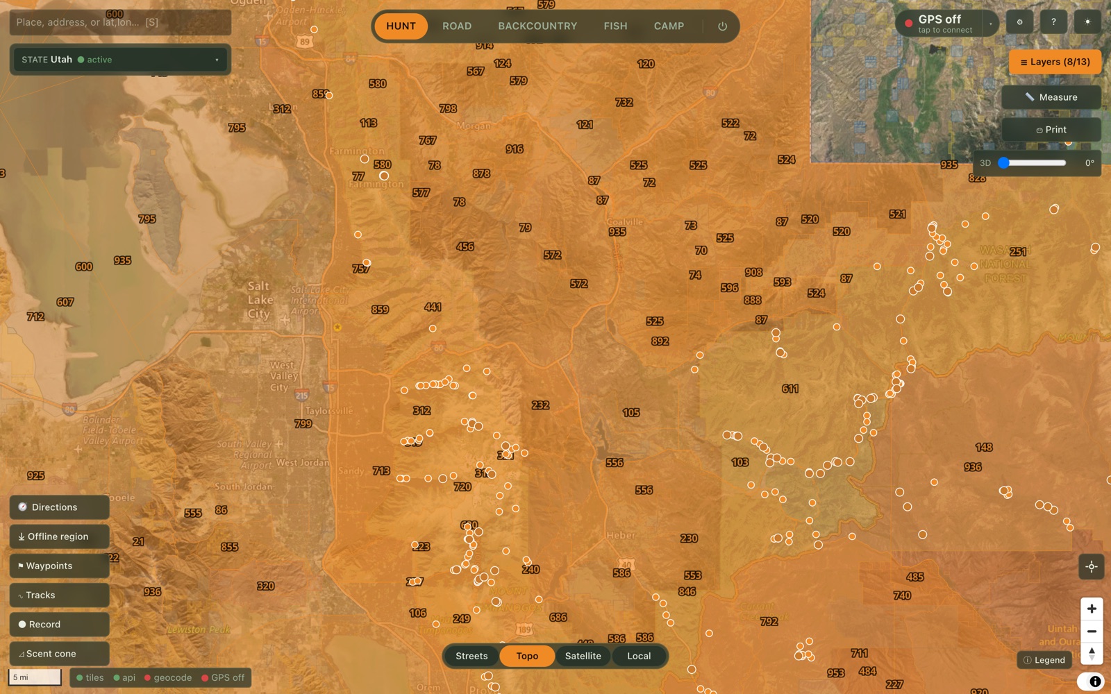 TerraScout in Hunt mode — Utah game-management units labeled across an offline USGS topo basemap
