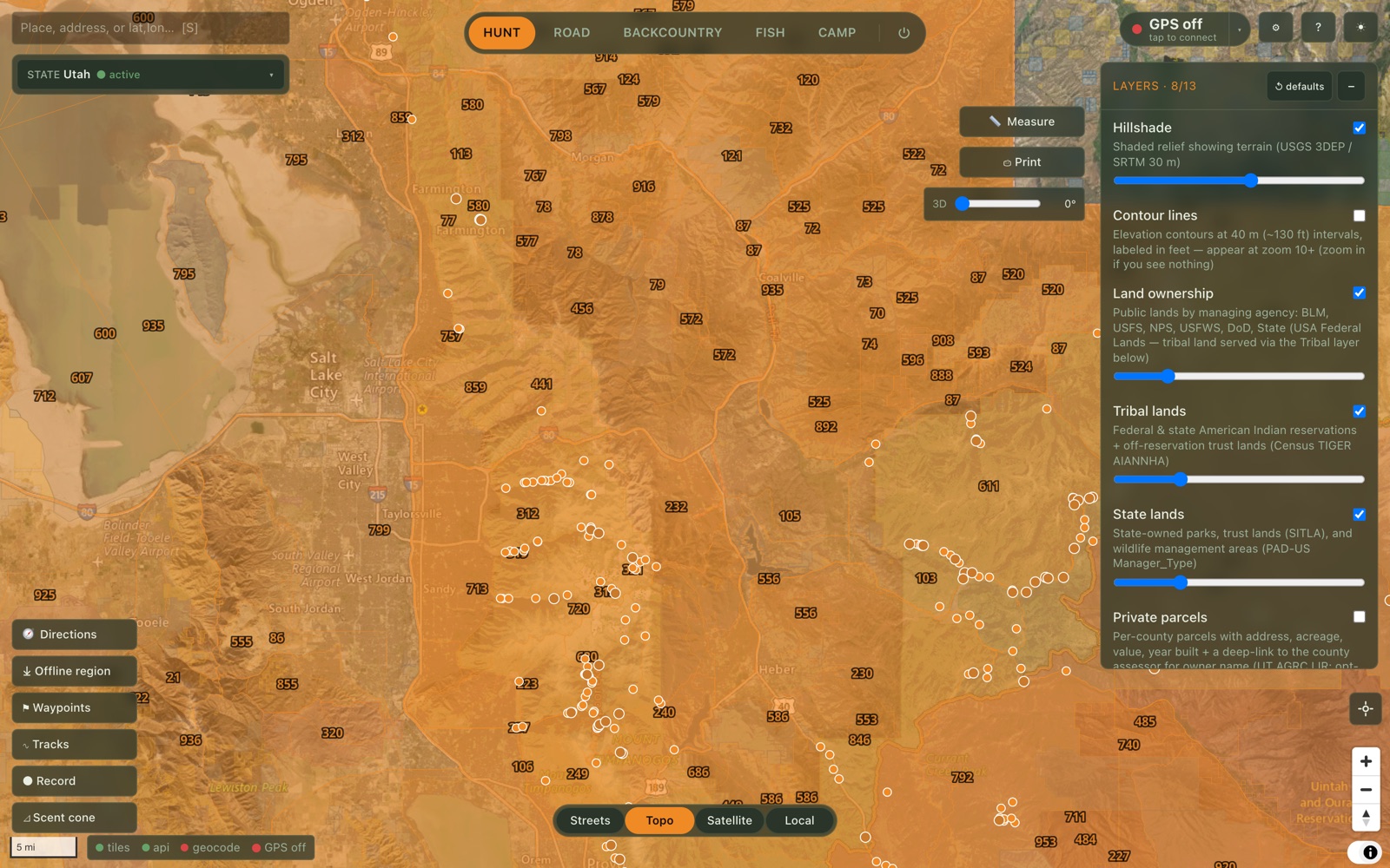 TerraScout layers panel — hillshade, contours, land ownership, tribal and state lands, parcels