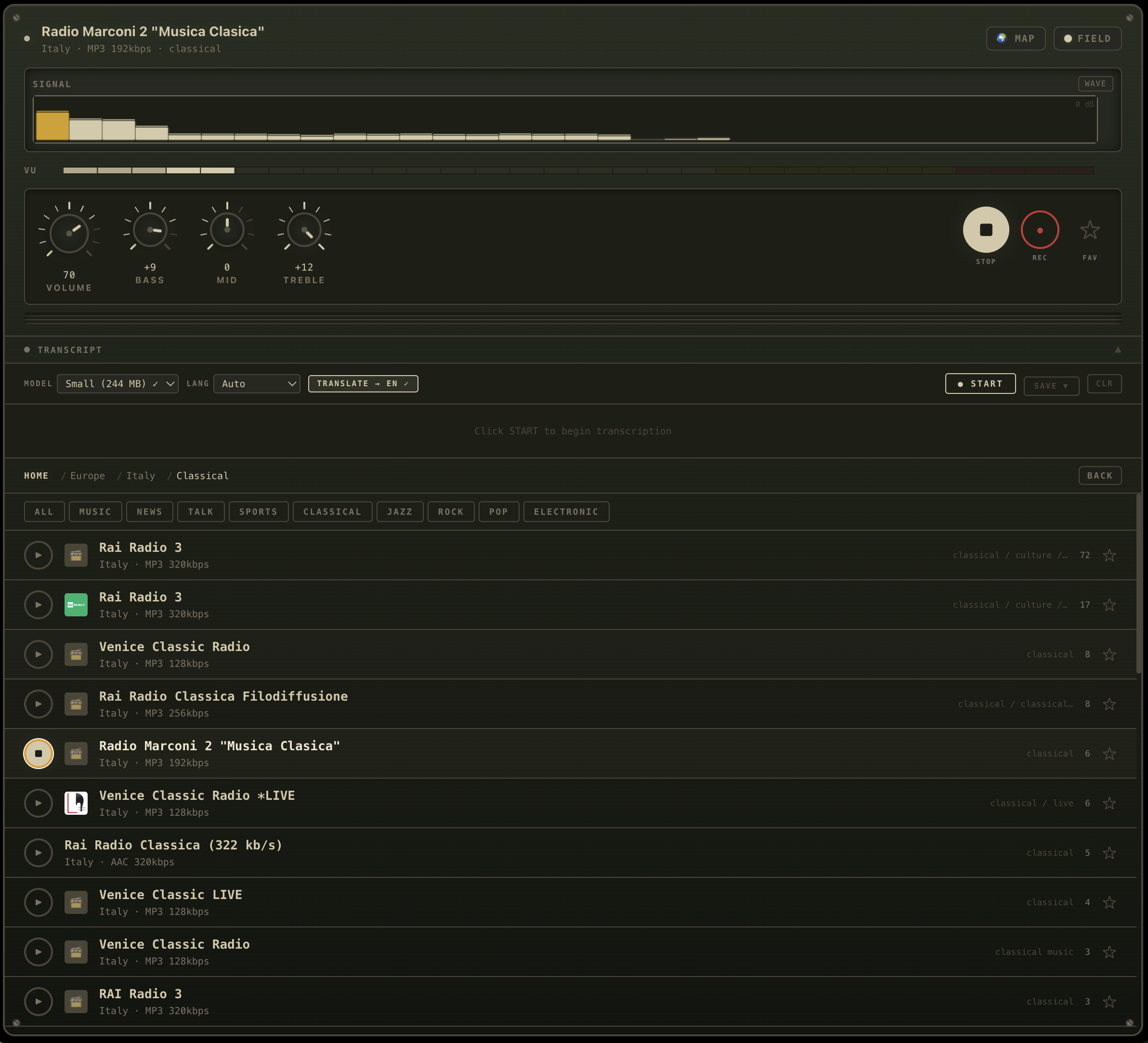 WorldRadio - Italian Classical Radio with VU Meter