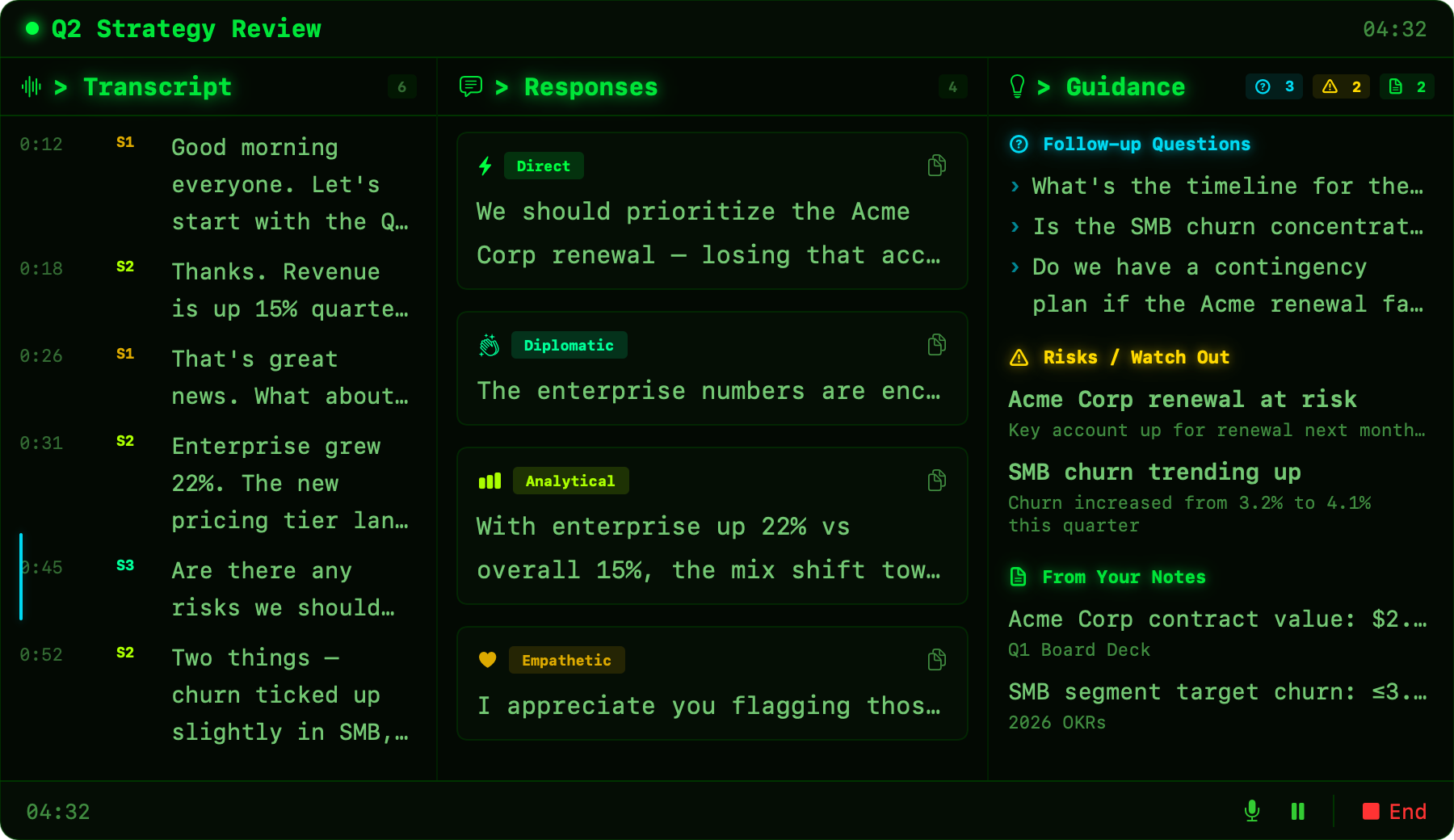 RONIN Desktop live copilot overlay showing transcript, suggestions, and guidance panels