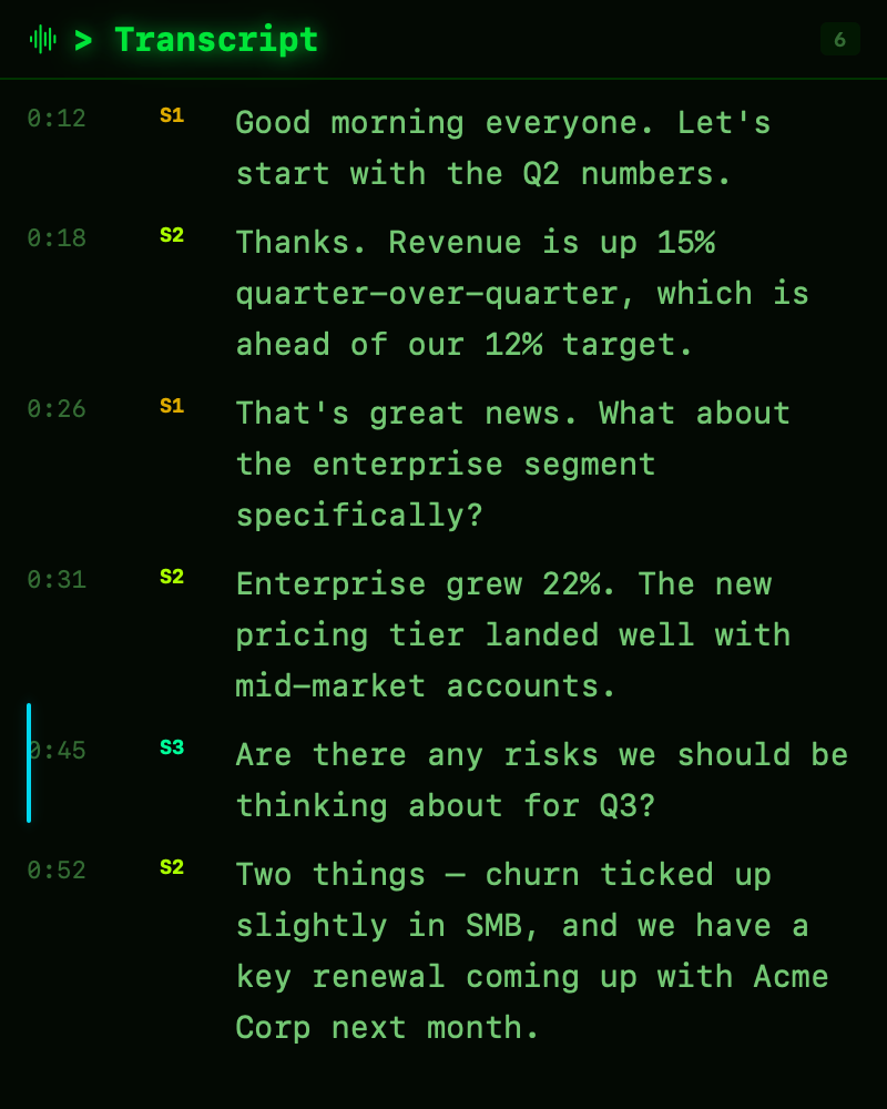 Transcript panel with speaker labels and timestamps