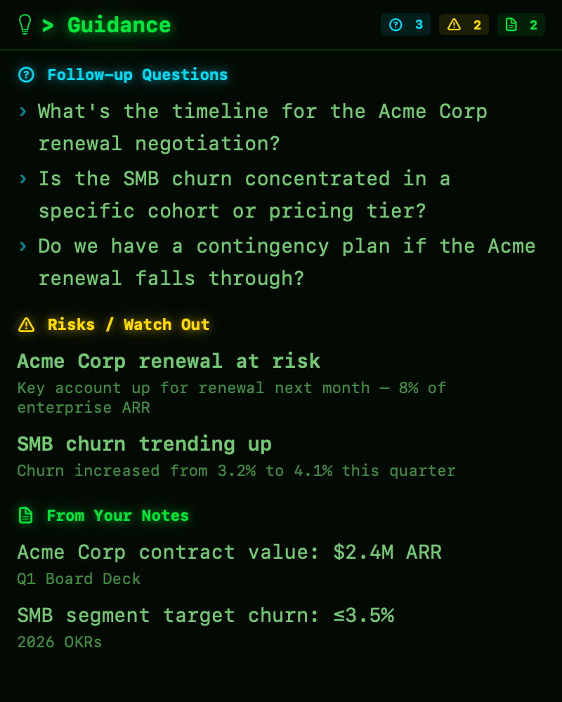 Guidance panel with follow-up questions, risks, and note facts