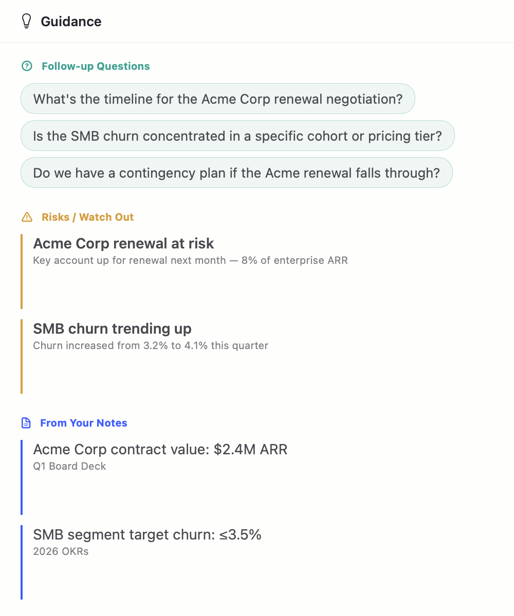 Guidance panel with follow-up questions, risks, and note facts