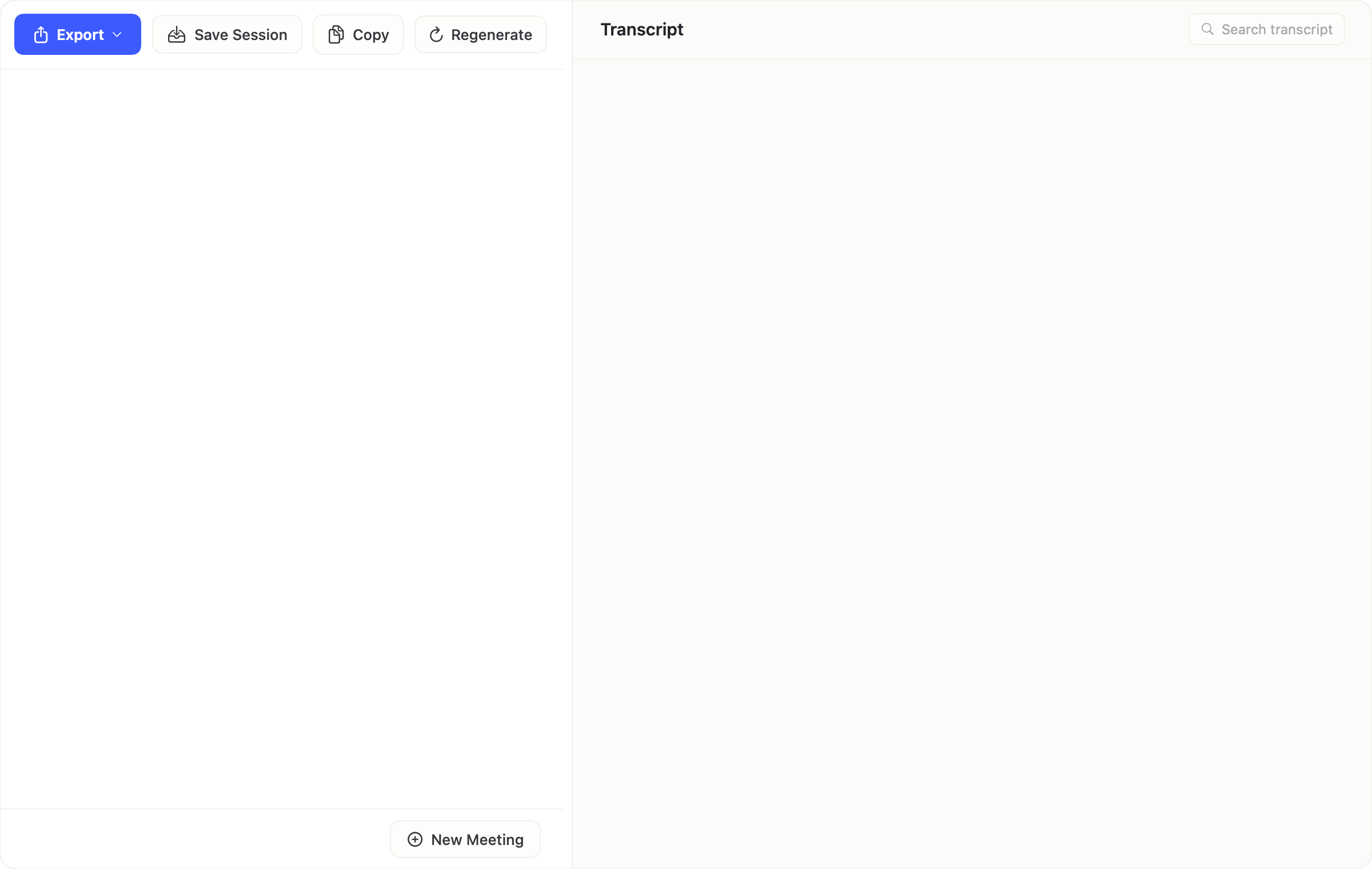 Two-pane post-meeting review with editable summary on the left and full transcript on the right