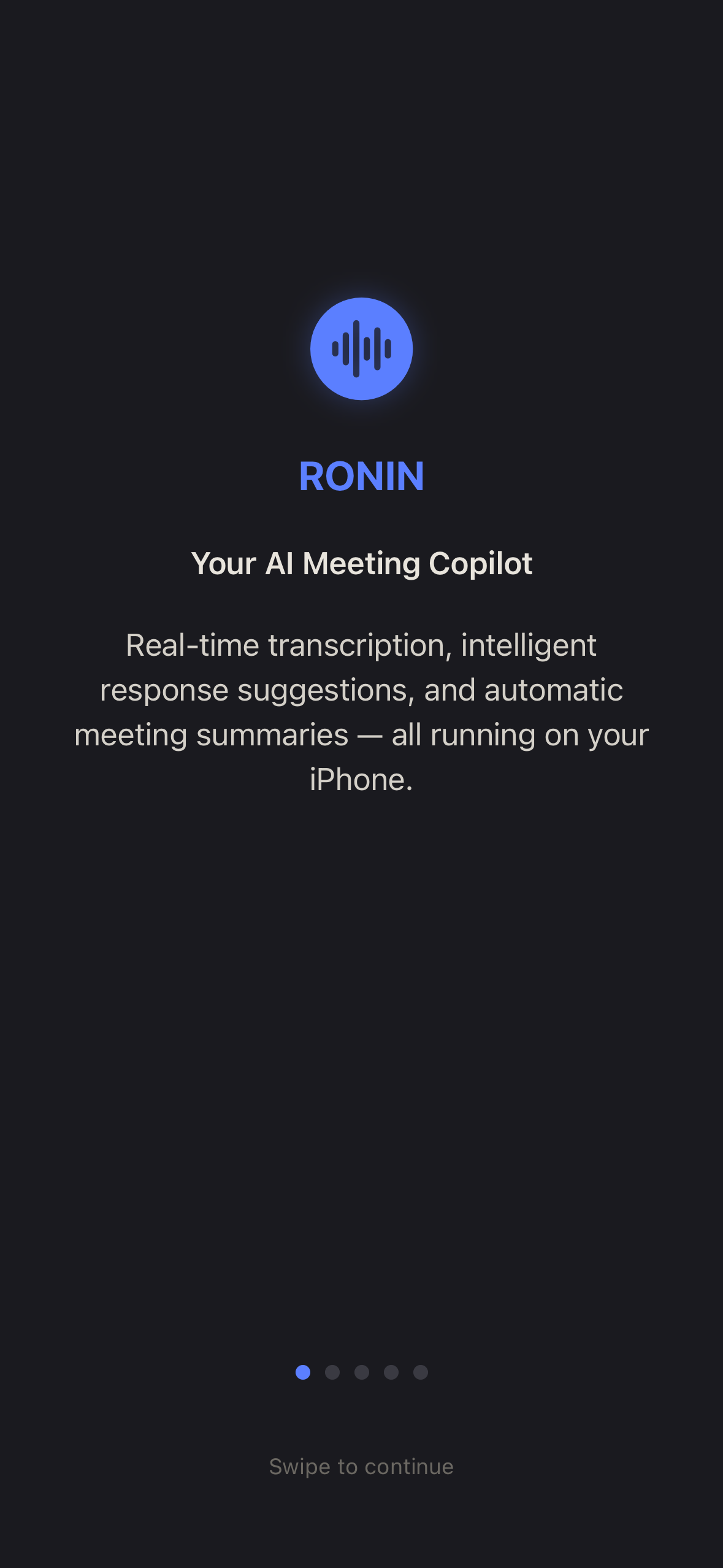 RONIN Mobile tutorial screen showing app branding and introduction