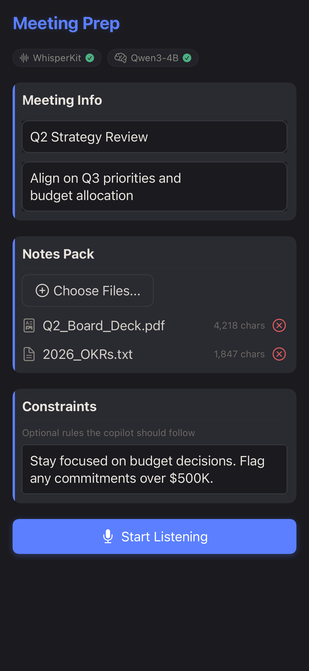 Meeting prep screen with info, notes pack, and constraints