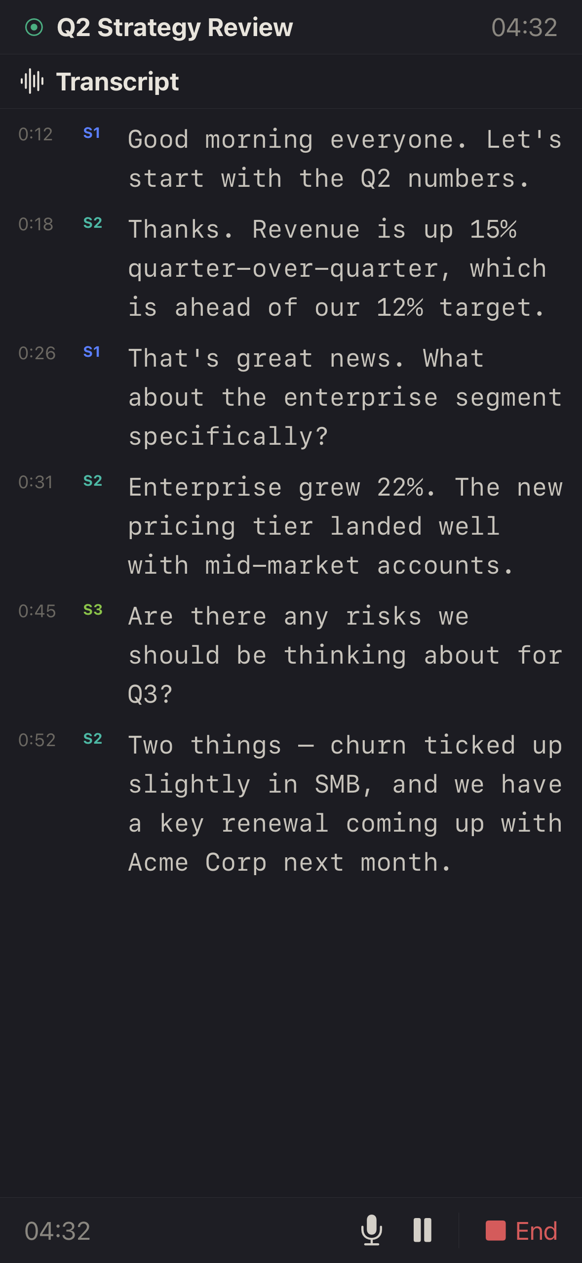 Live transcript with speaker labels and timestamps