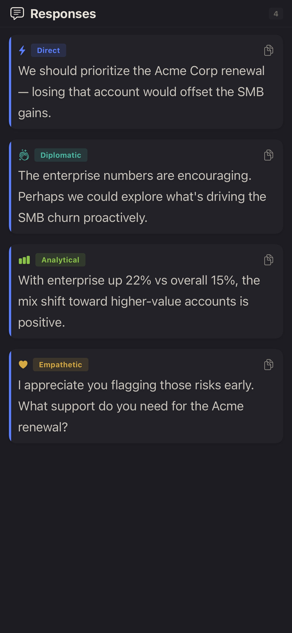 Four tone-coded response suggestions