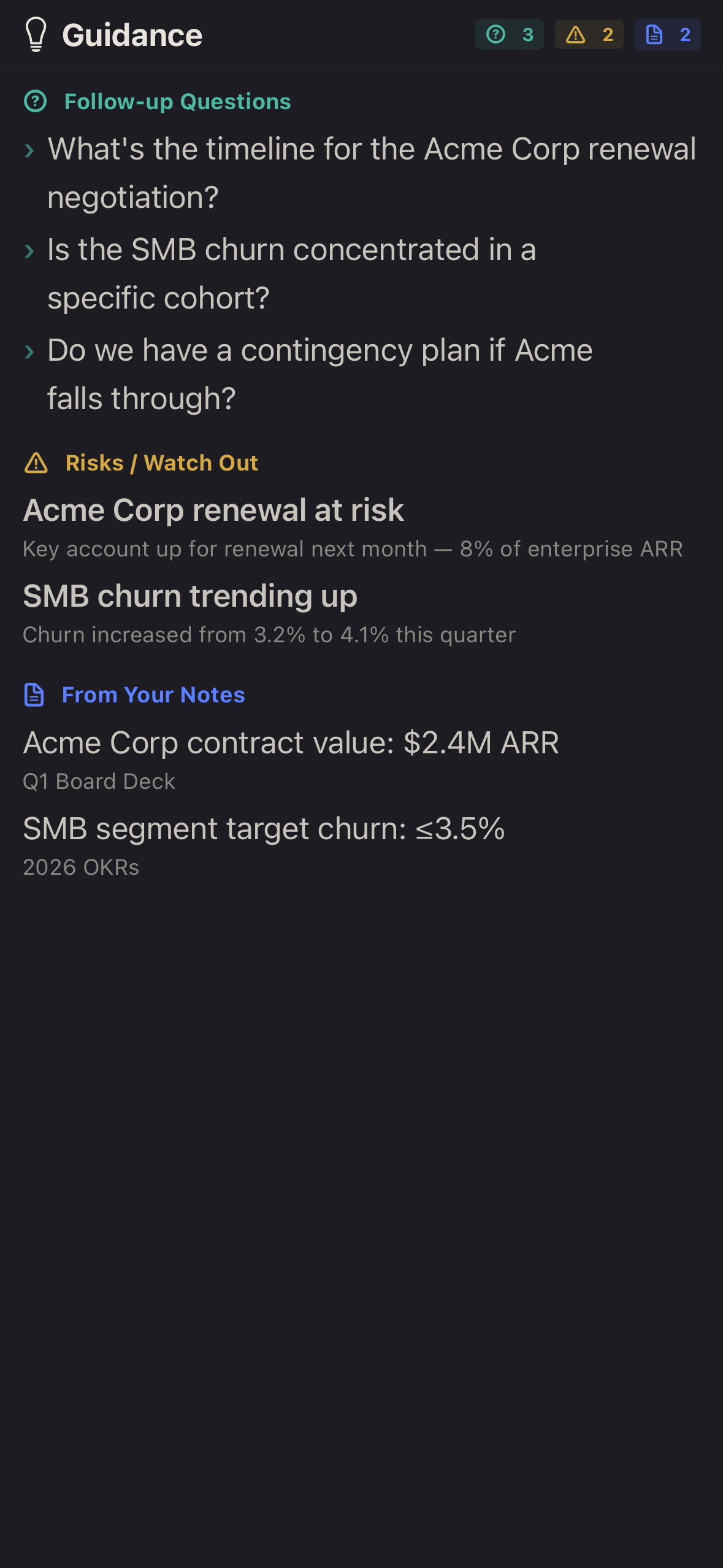 Contextual guidance with questions, risks, and note facts