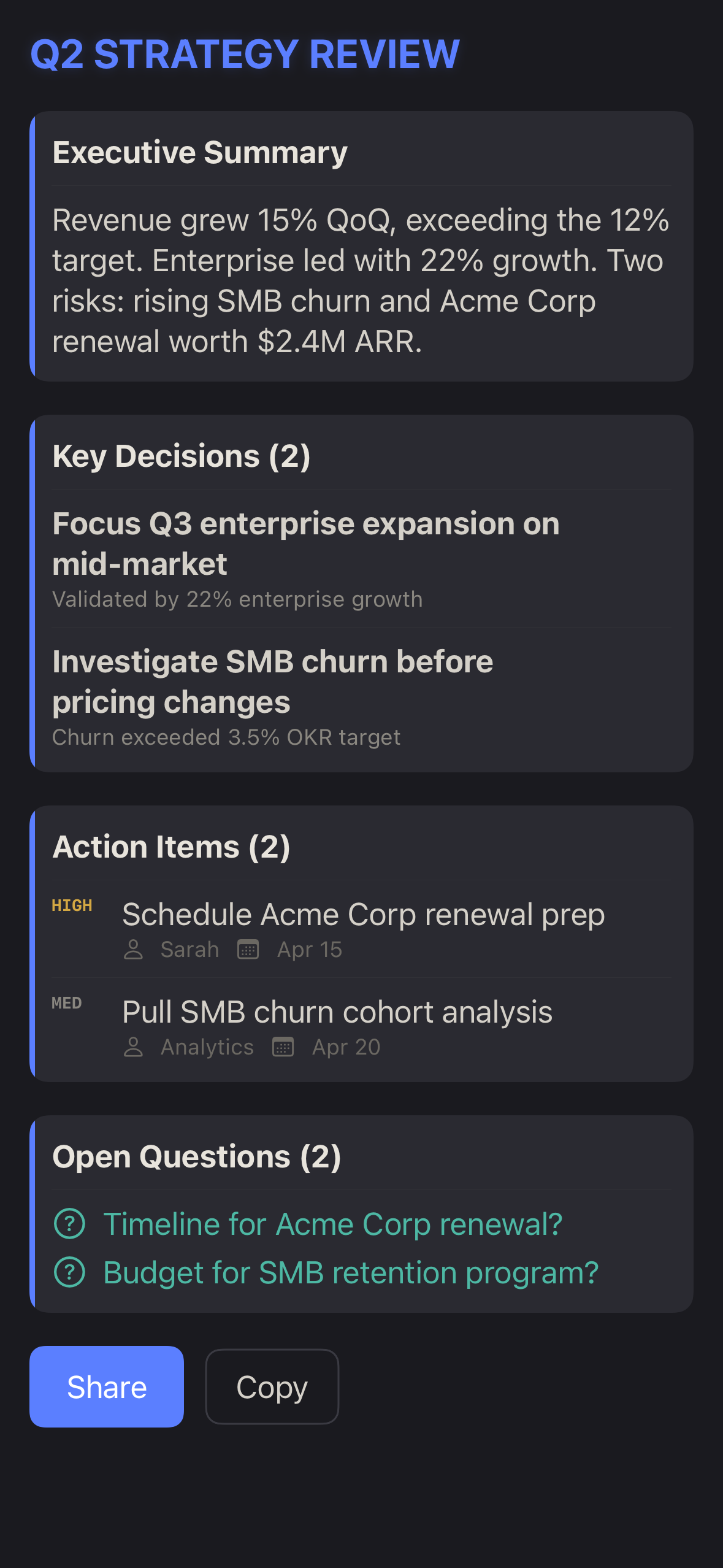Post-meeting summary with decisions and action items