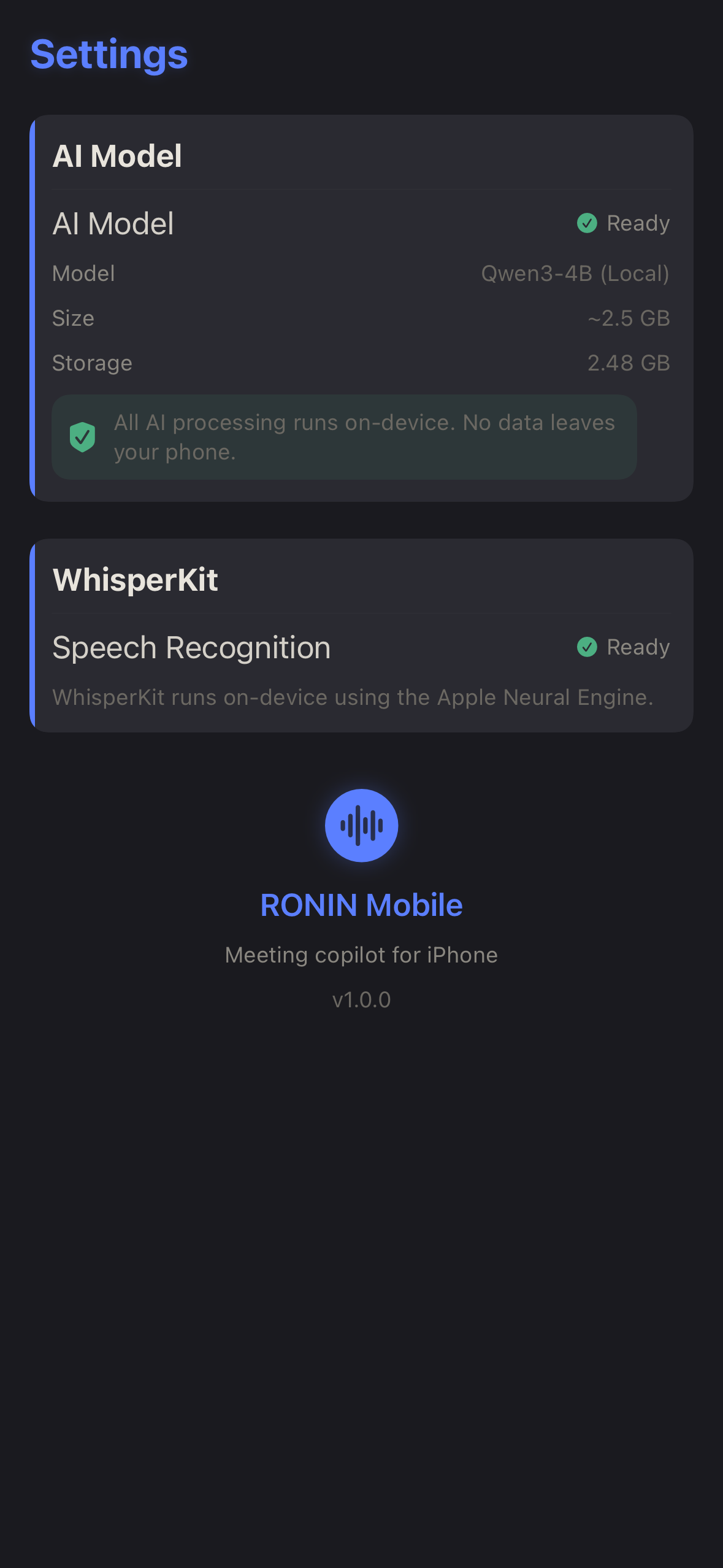 Settings showing AI model and WhisperKit status