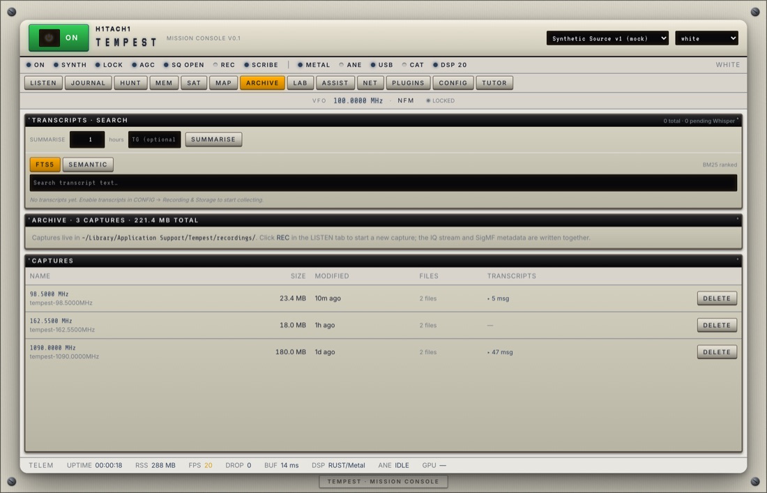 TEMPEST ARCHIVE tab — recordings and AI transcripts
