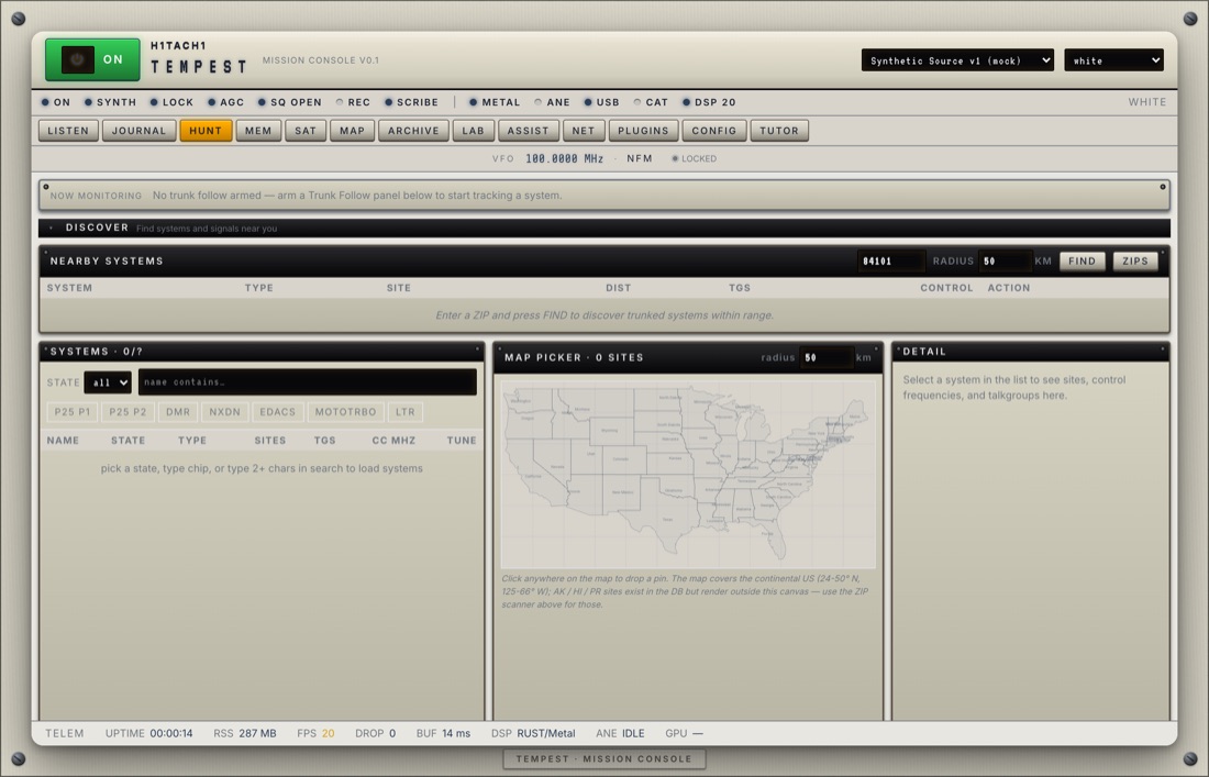 TEMPEST HUNT scanner tab with nearby-systems list and map picker