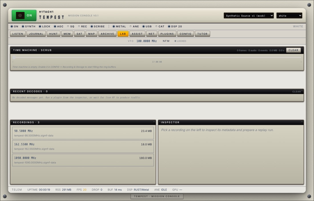TEMPEST LAB tab — replay captures and run decoders offline