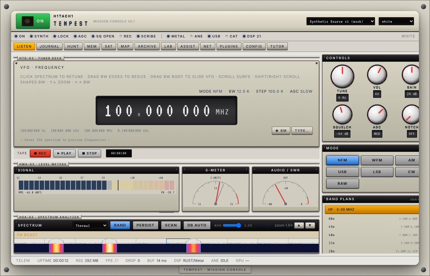 TEMPEST Mission Console — real-time spectrum, waterfall, S-meter and VFO frequency display