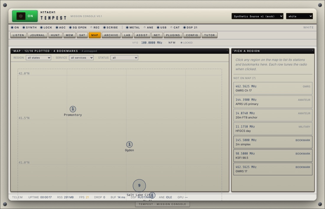 TEMPEST MAP tab — stations and trunked systems plotted geographically