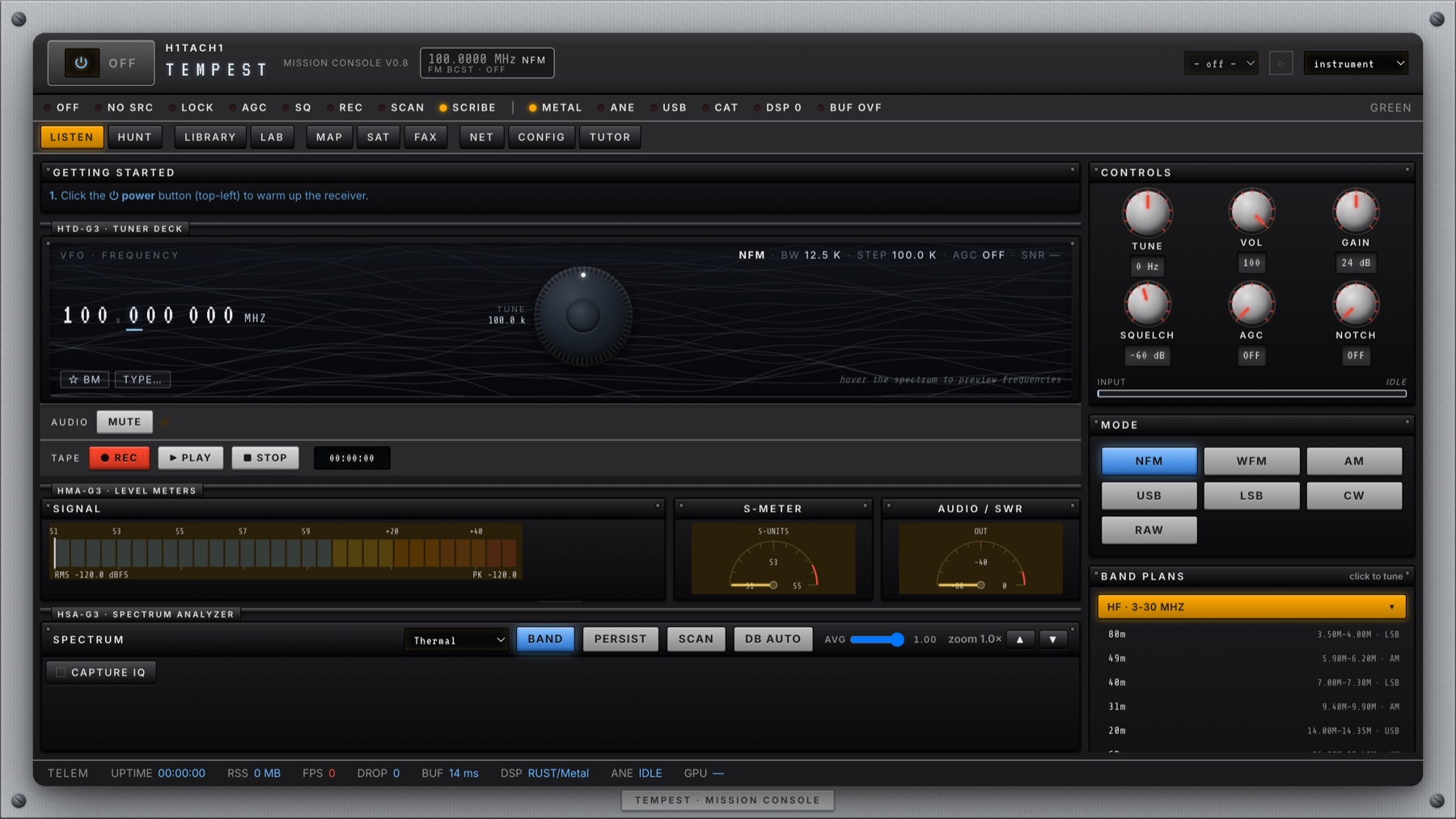TEMPEST LISTEN tab on first launch with a Getting Started card guiding the operator to power on, pick a source, and tune