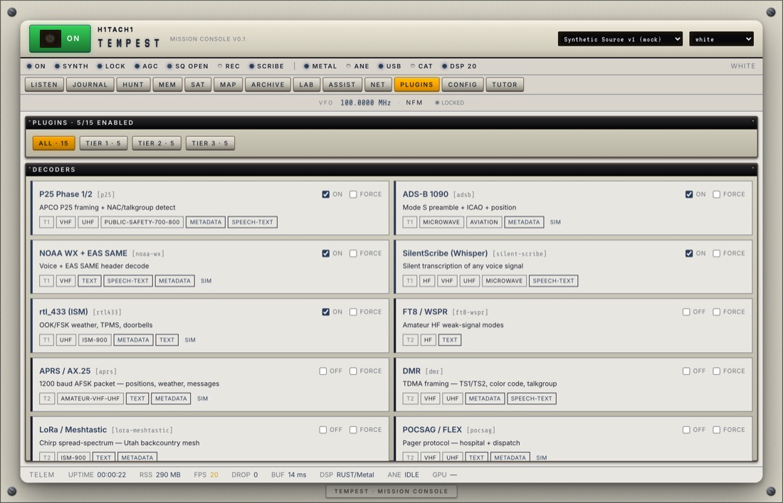 TEMPEST PLUGINS tab — the decoder catalog