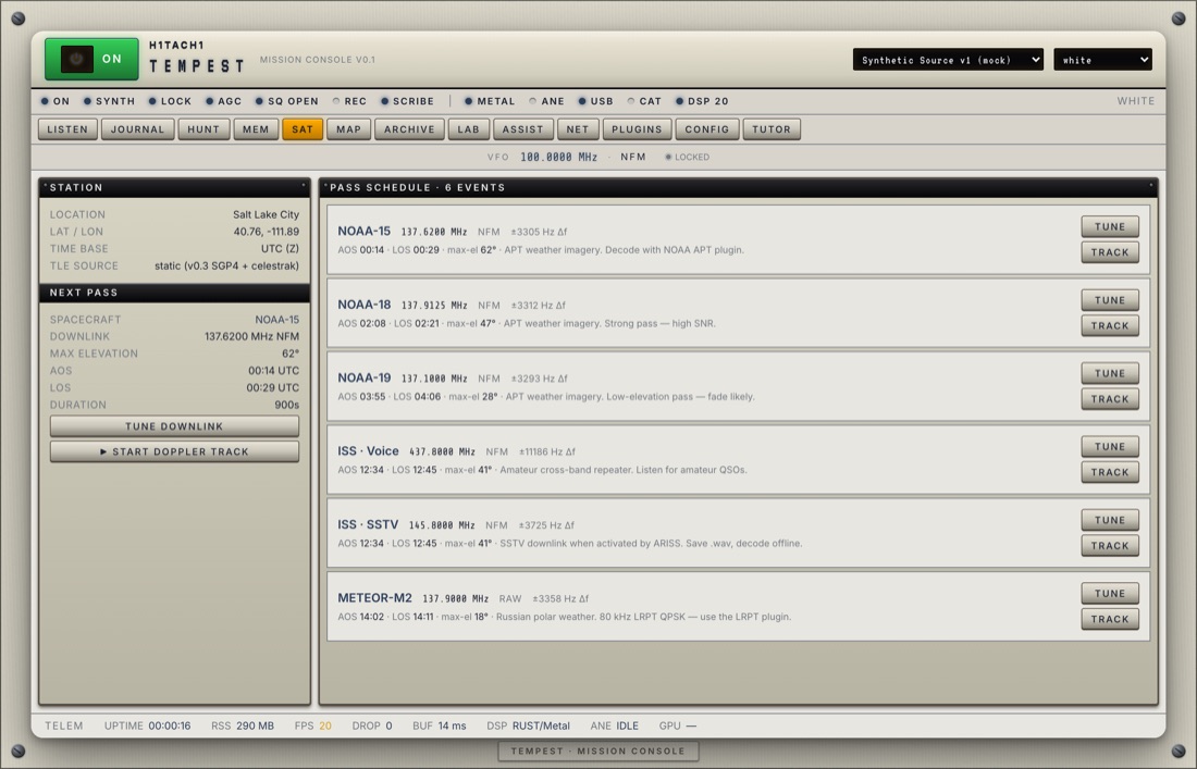 TEMPEST SAT tab — satellite tracking with SGP4 and Doppler